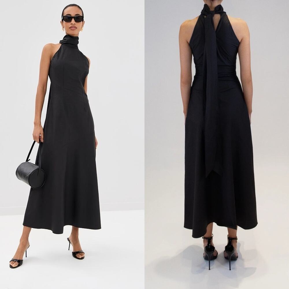 New NWT Azeeza Faye Poplin Halter Midi Dress in Black Size Small